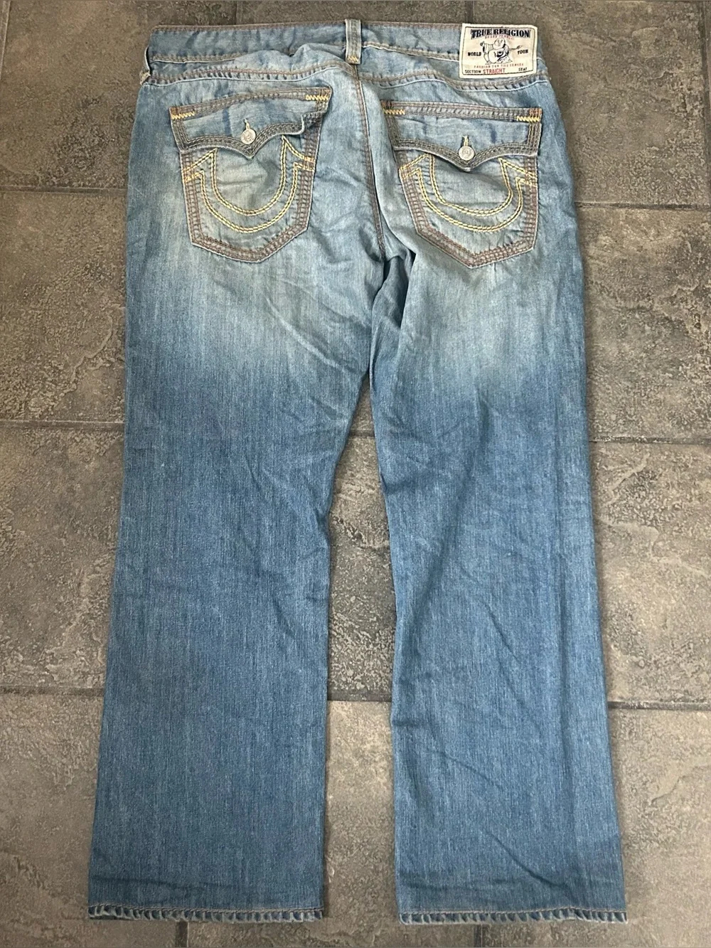 True Religion Jeans Adult Size 38 Blue Section Straight World Tour 5 Pocket Mens